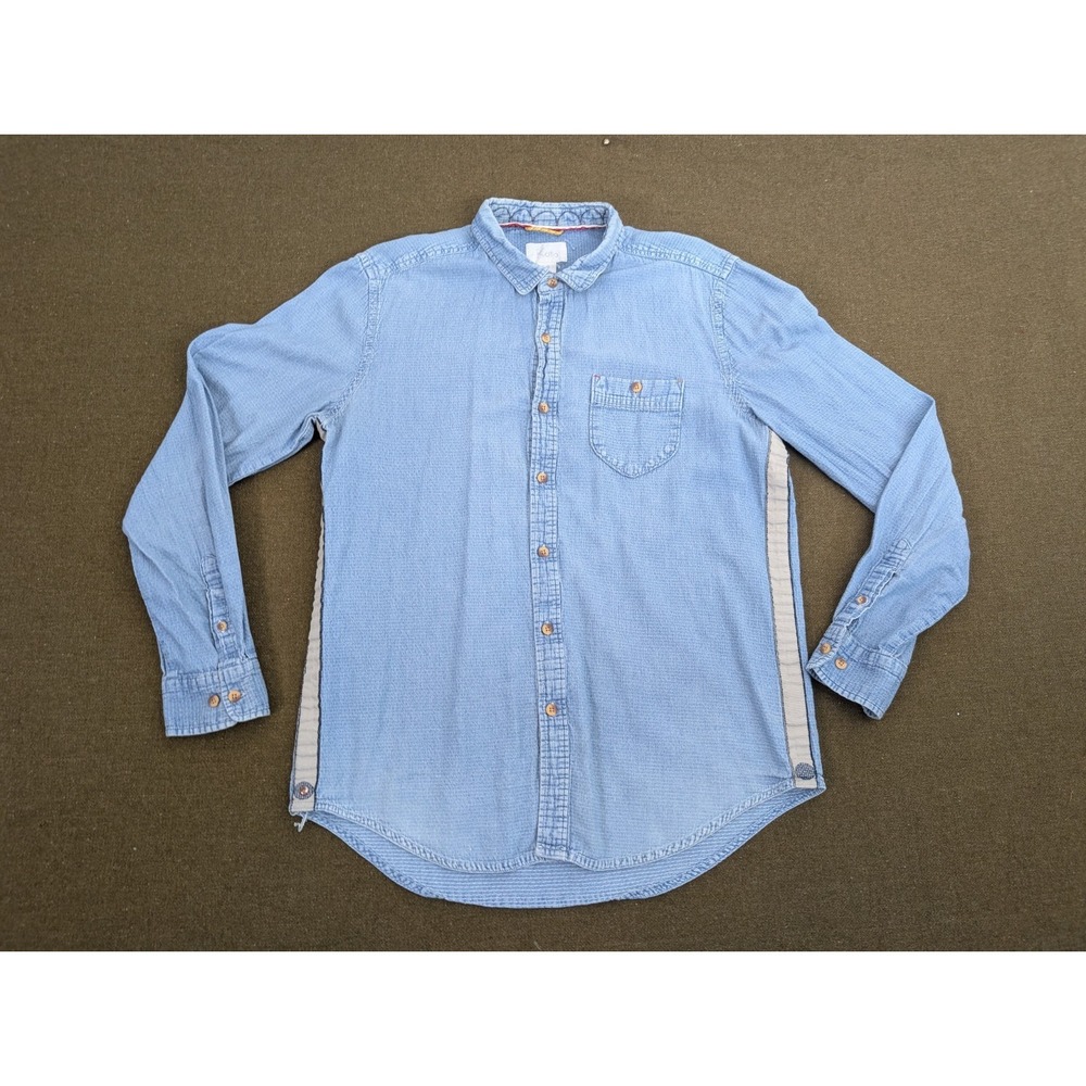 KOTO Button Down Shirt Men's Size Large Distressed Blue Faded Side Stripe